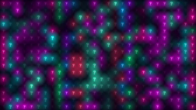 Abstract Neon Question Mark Pattern with Glowing Bokeh Lights on Dark Background