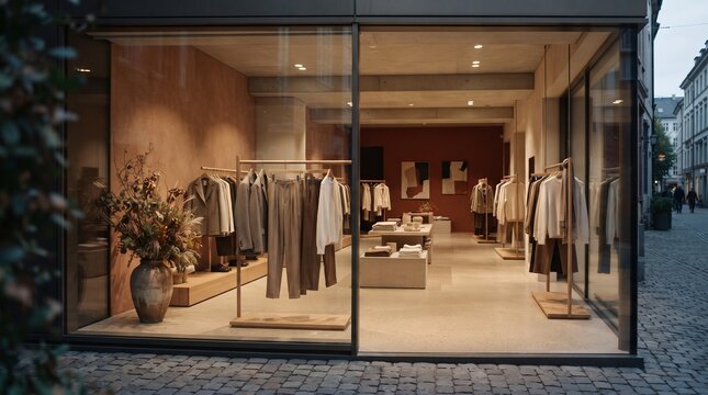 Minimalist autumn fashion store with neutral clothing, terracotta walls, wooden fixtures and dried foliage, creating a refined contemporary seasonal retail interior.