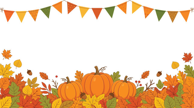 Festive autumn vector illustration featuring pumpkins and colorful fall leaves decorated with pennant banners on white background