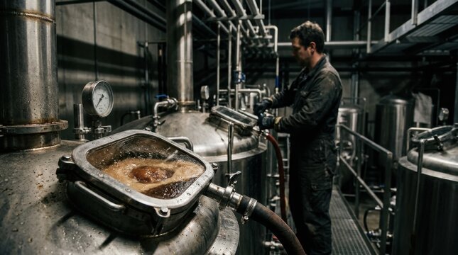 Professional Brewer Monitoring the Boiling Wort in a Large Stainless Steel Tank at a Craft Brewery