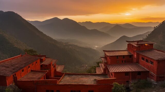 Golden hour view of larung gar sichuan buddhist academy buildings