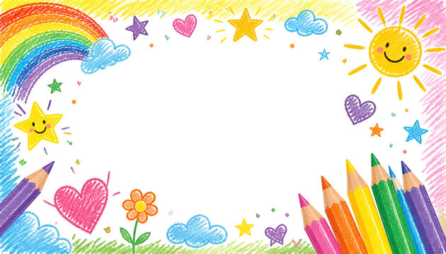 Colorful hand-drawn crayon border frame with rainbow sun and smiling stars crayon drawing children art colored pencils frame background