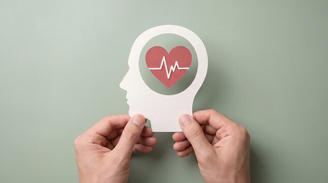 A person holding a paper cutout of a human head silhouette with a red heart and heartbeat line inside representing mental health and