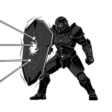 Futuristic armored warrior holding a glowing energy shield unleashing powerful light beams in an epic sci fi battle scene