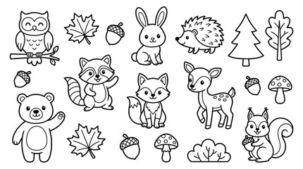 Obraz premium Cute forest animals and woodland elements doodle vector illustration set displayed clearly on white background