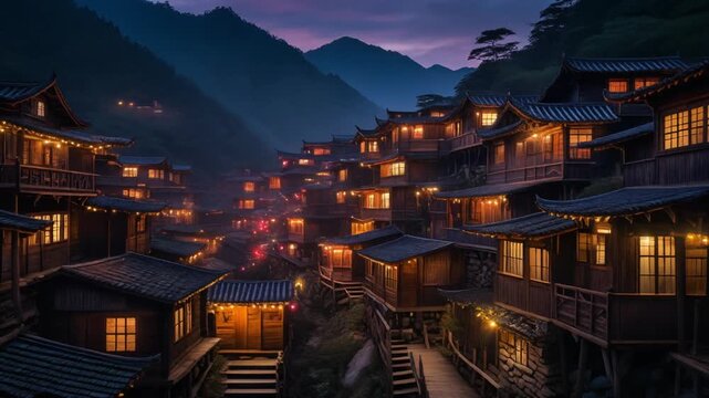 Larung gar sichuan buddhist settlement at night with glowing lights