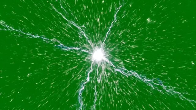 glowing electrical energy ball with lightning strikes and spark bursts on green screen
