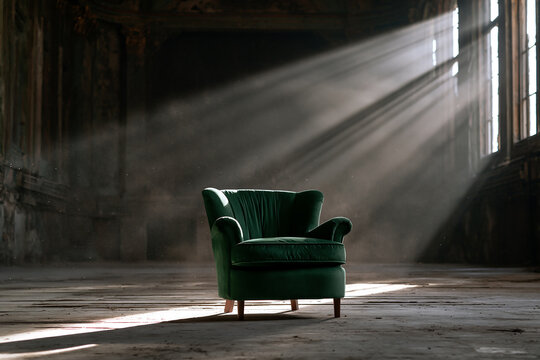 Elegant Green Velvet Armchair in Rustic Sunlit Hallway