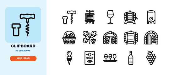 Obraz premium Wine themed line icons set including corkscrew and wine glass