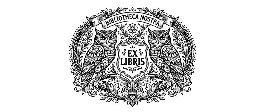 Ornate Owl Ex Libris Emblem Isolated