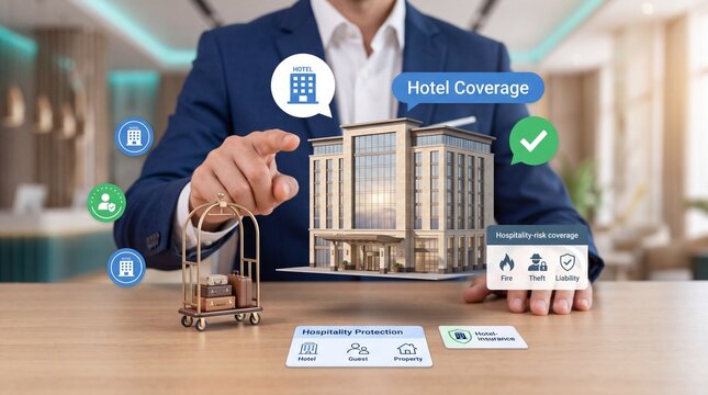 Business professional interacting with a digital hotel insurance model on a wooden office desk
