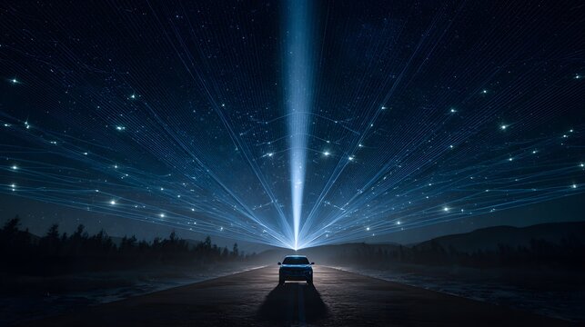 Autonomous Vehicle on Deserted Highway Connecting to 6G NTN Satellite Network via Vertical Light Beam and Radiant Star Constellation Grid in Night Sky