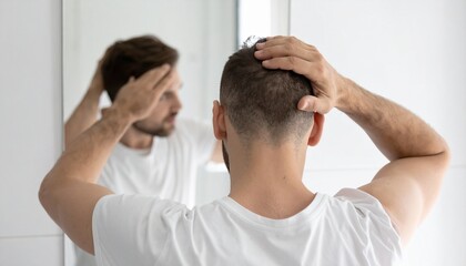 Fototapeta premium Man Checking Hair Loss and Scalp in Bathroom Mirror