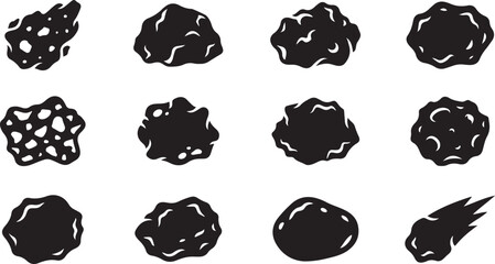 Twelve black silhouette showing various asteroid, meteorite, and space rock shapes on a white background © RobiulIslam