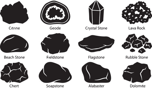 Twelve labeled black and white of specific rocks and minerals including citrine, geode, and lava rock on a white background