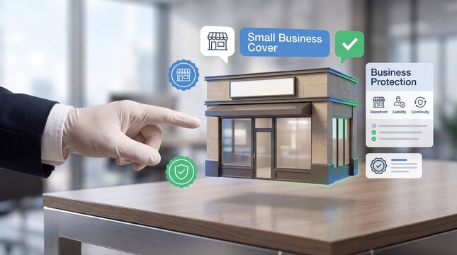 A business person points at a digital model of a small store for insurance consultation