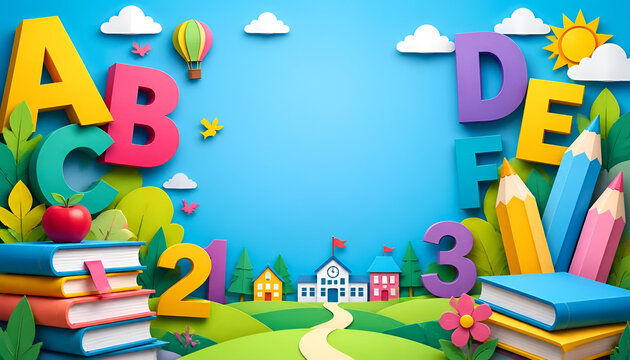 Colorful paper craft letters numbers and school supplies border on blue background with alphabet letters education background kindergarten