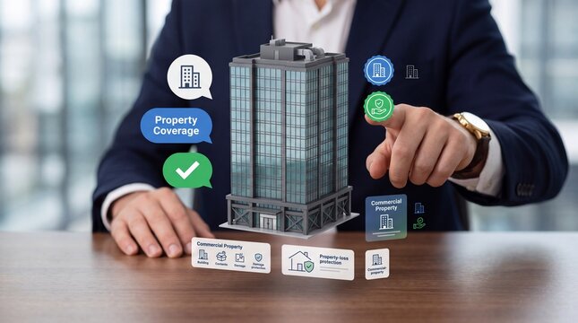 Businessman interacting with a holographic commercial building model for insurance