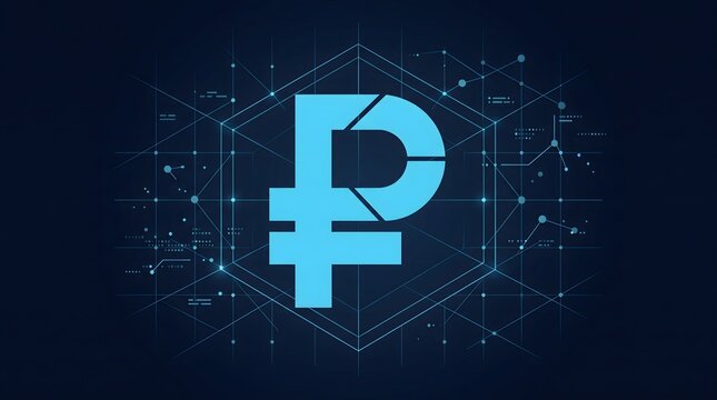 Digital Ruble Symbol on a Futuristic Hexagonal Grid Background.