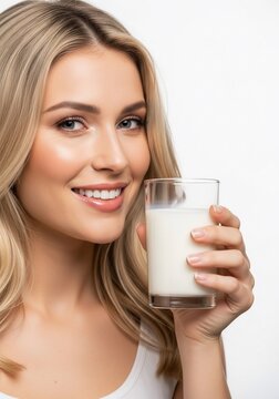 健康的で微笑む女性、グラス一杯の白い飲み物