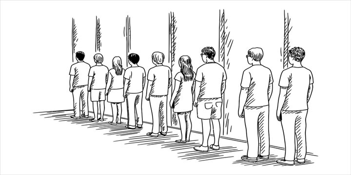 Group of people standing in a long line waiting for their turn in a simple black and white hand drawn sketch style illustration