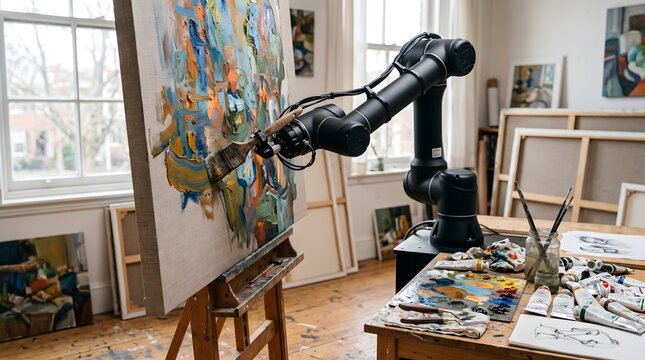 Robotic Arm Painting Abstract Art on Canvas in a Bright Studio.