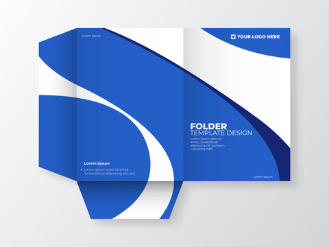 Modern Blue Curved Presentation Folder Template Design with Die Cut Flaps