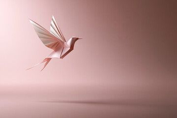 Fototapeta premium Flying Pink Paper Origami Hummingbird Isolated on Soft Background
