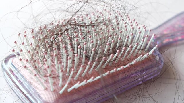 Hair loss problem on a comb closeup view showing tangled strands of dark hair against a light background with slow motion, indicating a common concern for many individuals