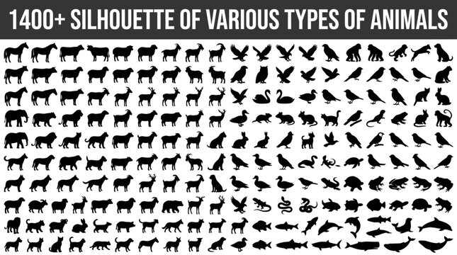 Set of over 1400 black animal silhouettes of mammals birds fish and insects on white background for graphic design and wildlife illustration