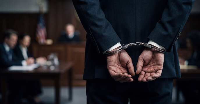 Accused businessman wearing dark formal suit with steel handcuffs behind back inside courtroom trial