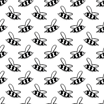 Seamless pattern with hand drawn happy funny cute honey bee Adorable flying striped insect friendly kawaii bumble bee For kids print, wrapping paper, packaging, fabric