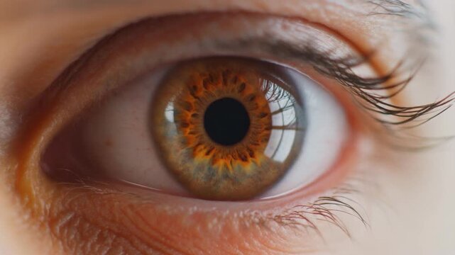 Extreme macro photorealistic footage of a single beautiful human eye, rich copper-brown iris reflecting matador tradition