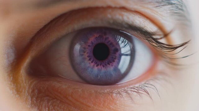 Extreme macro photorealistic footage of a single human eye, beautiful amethyst-purple iris inspired by the plaza de toros