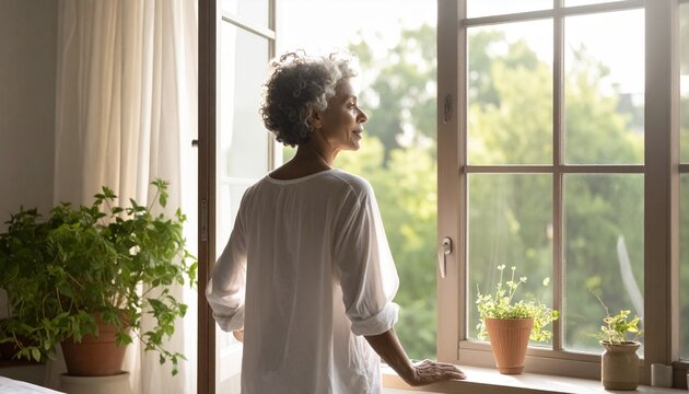 Senior Woman Enjoying Morning Sunlight at Home