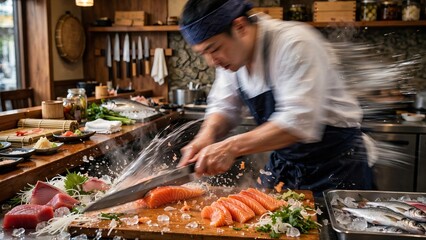 Obraz premium Dynamic motion blur shot of an Asian male sushi chef swiftly slicing raw fresh salmon with a sharp knife on a wooden board at a Japanese restaurant, with splashing water capturing the fast action