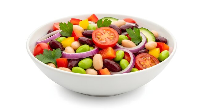 Bean Salad with Fresh Vegetables and Herbs in a White Bowl