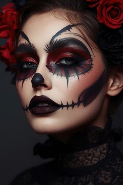 Portrait of a woman wearing dramatic gothic makeup with red floral headpiece portrait headpiece dramatic halloween facepaint artistic mysterious creative glamorous character expression