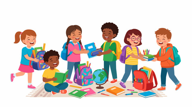 Diverse group of happy children sharing school supplies and books for education