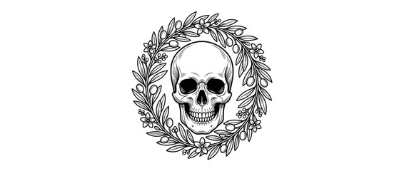 Fototapeta premium Skull framed by olive branch wreath, isolated illustration