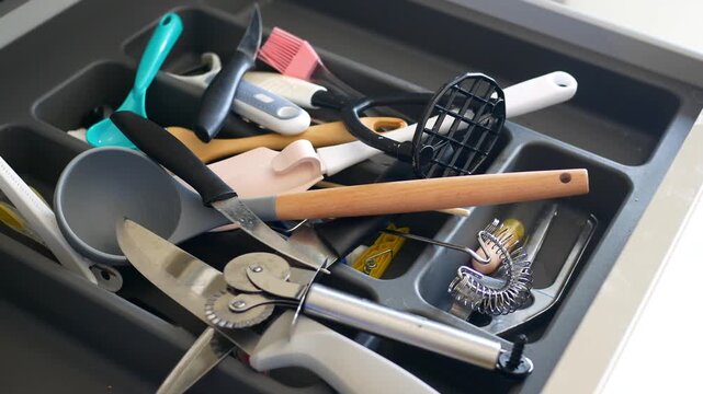 Kitchen drawer being opened showing messy collection of utensils and tools