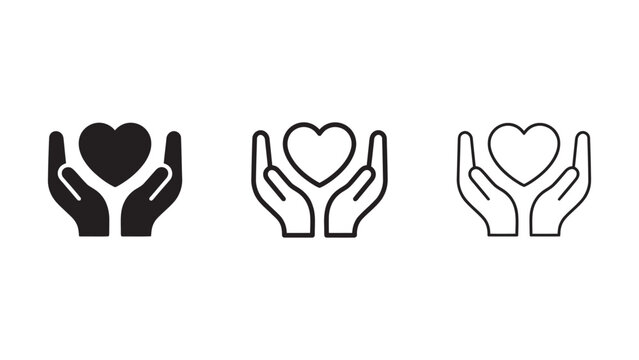 Two hands holding heart icon set. Love, care, health, compassion, community symbol.