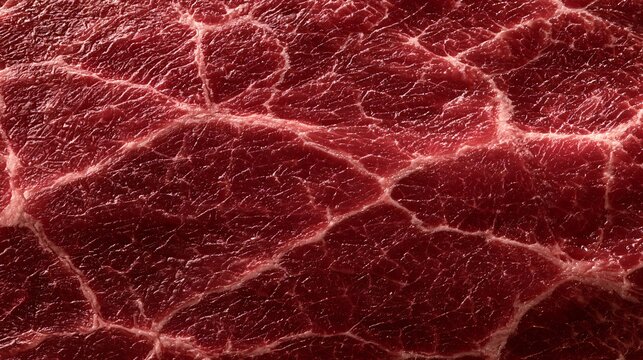 Raw beef steak with intricate marbling and rich red texture closeup