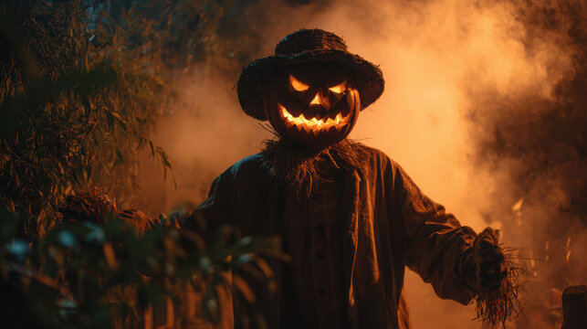 Spooky scarecrow with a carved glowing pumpkin head stands in a foggy field at night.
