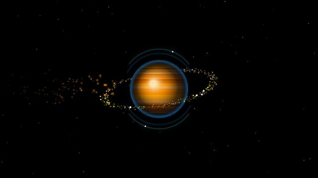 A glowing orange planet like jupiter with bright golden rings in deep dark outer space with distant stars and a futuristic digital interface circle design surrounding it 4k Motion Video