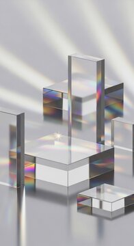 透明な立方体と光のプリズム効果、幾何学的な構成、抽象的な光の模様