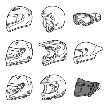 Collection of Motorcycle Helmets and Goggles - Vector Icons