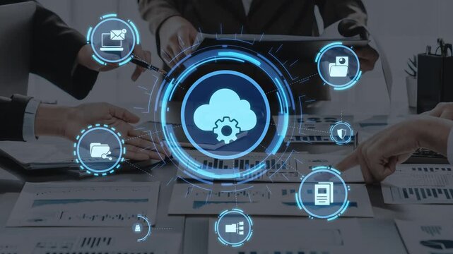 Concept design of managing online documents with cloud storage, digital file management, and secure sharing. Online documents improve workflow, online documents enhance security. Funnel