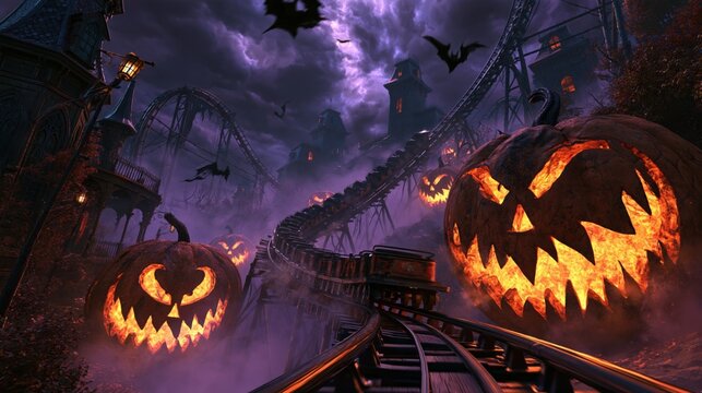 Low angle view from the tracks of a terrifying roller coaster surrounded by giant pumpkins