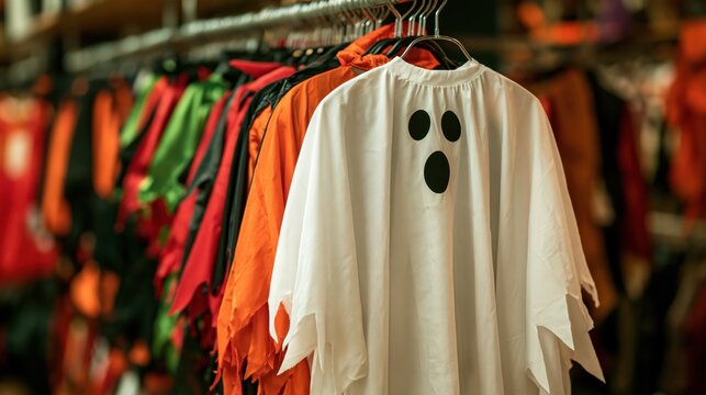 Close up of a white ghost costume hanging on a rack in a store